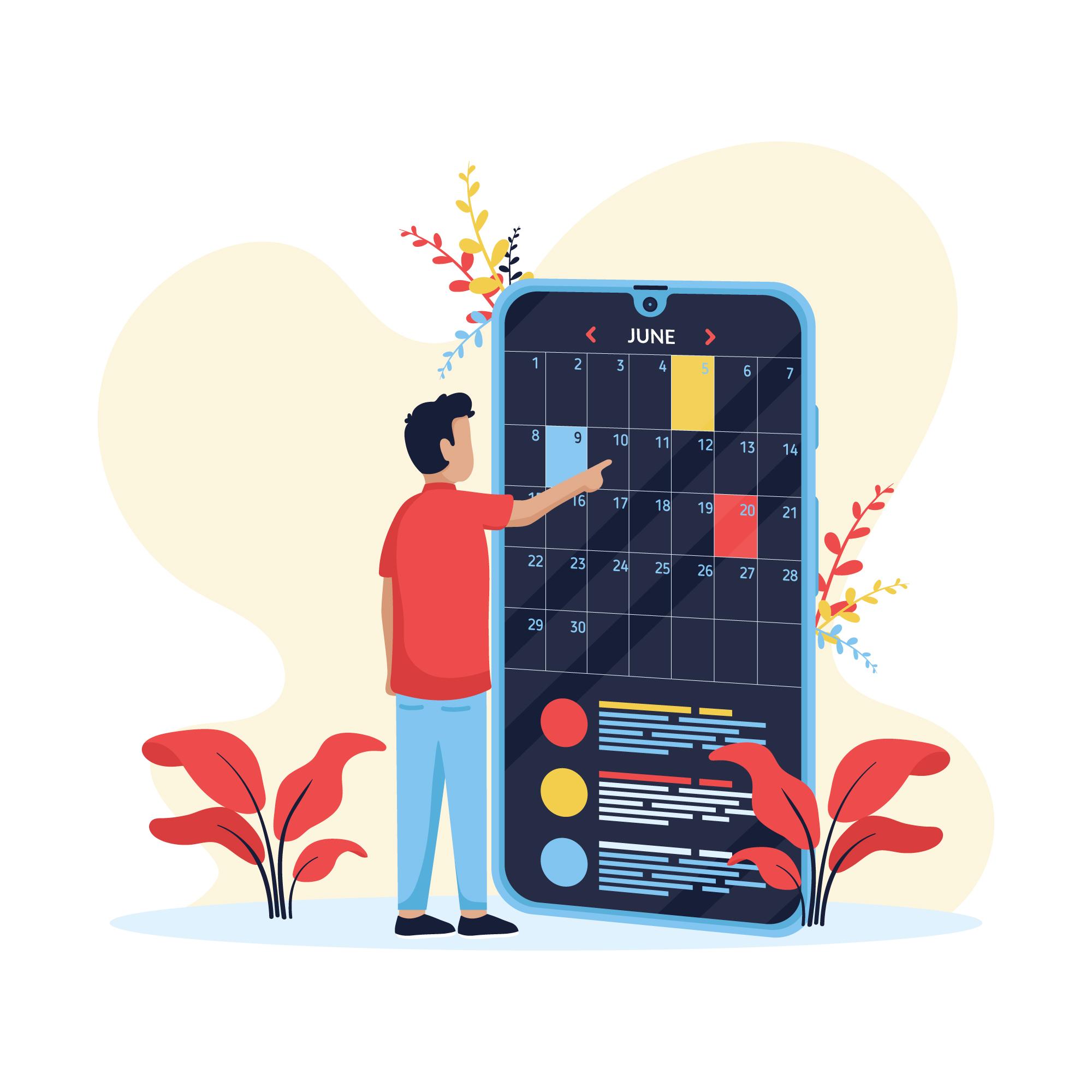 A man in a red shirt and blue pants is pointing at the date 20th on a mobile calendar. The calendar is a June calendar and the 20th is highlighted in red. The man is standing in front of a leafy plant and a large beige cloud.